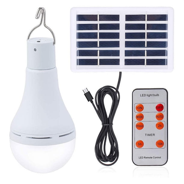 Lámpara solar LED Bombilla de luz de emergencia 9W Luz portátil para acampar con temporizador remoto, sensor de iluminación, carga USB y carga del panel solar