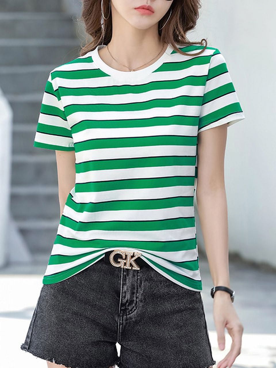 frivillig invadere Begå underslæb DanceeMangoo Summer Blue Green Striped T-Shirts Women O-Neck Tshirts Female  Short Sleeve Basic Fashion Cotton Tops - Walmart.com
