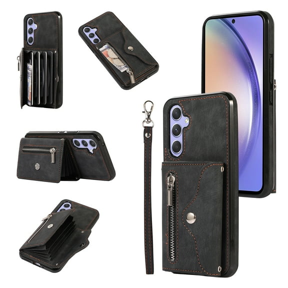 ELEHOLD Crossbody Wallet Case for Samsung Galaxy A14 5G with RFID Card Slots Zipper Pocket Kickstand Function Shockproof Purse Case with Detachable Shoulder Strap,Black