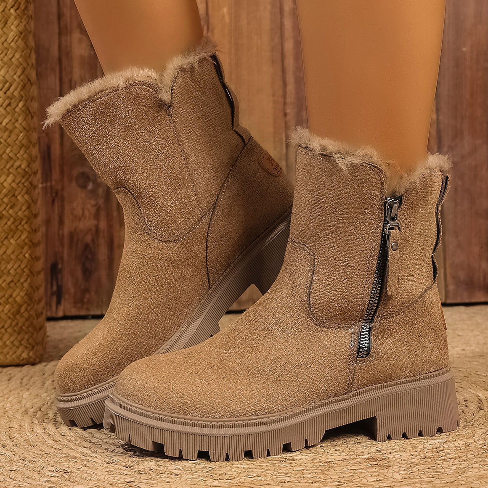 Xfvqtps Thermal Winter Boots for Women Warm Furry Lined Mid Calf Boots Waterproof Snow Shoes Non Slip Sole Outdoor Hiking Booties Comfortable Brown