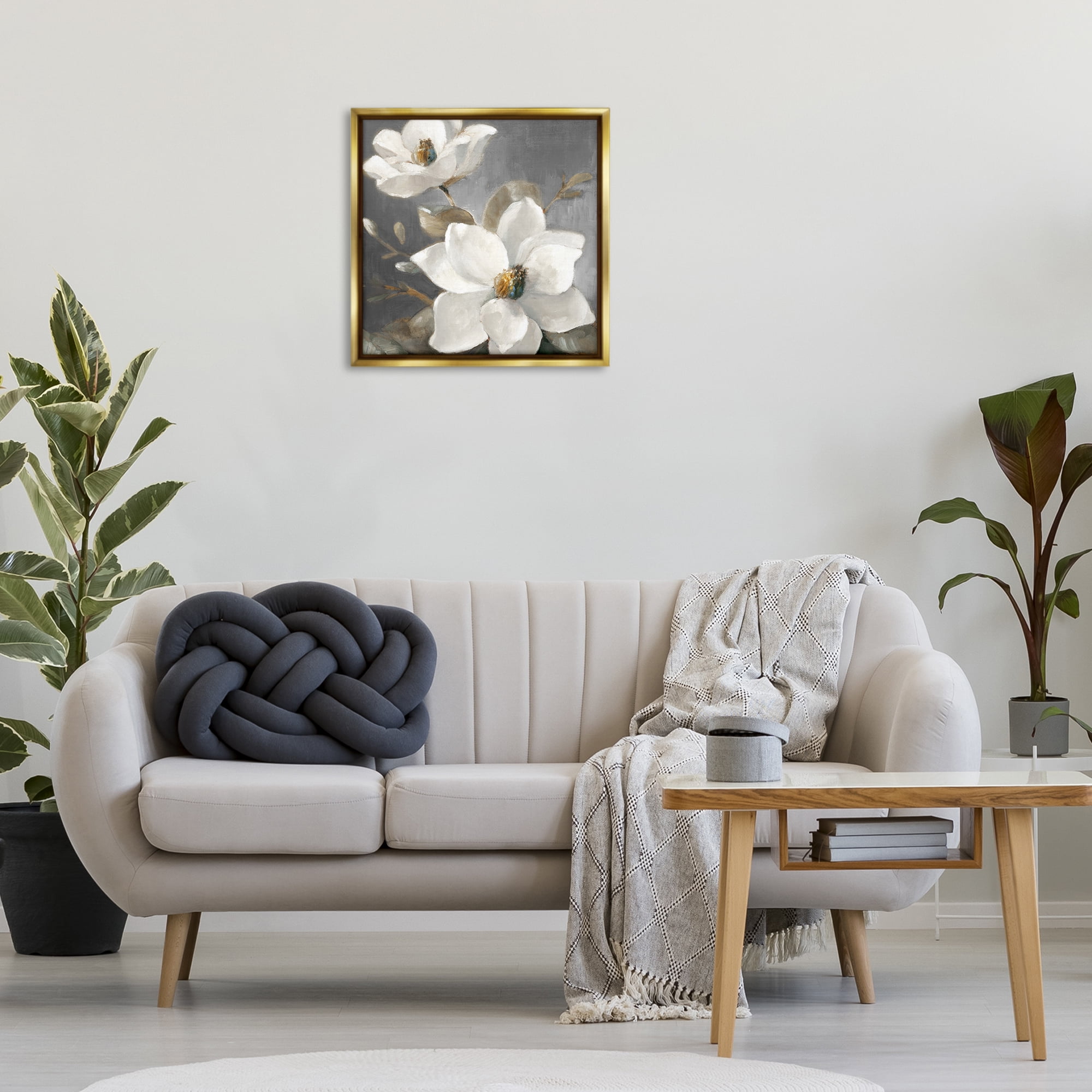 Stupell Industries Magnolias on Grey Botanical & Floral Painting Gold Floater Framed Canvas Art Print Wall Art, 25 x 25