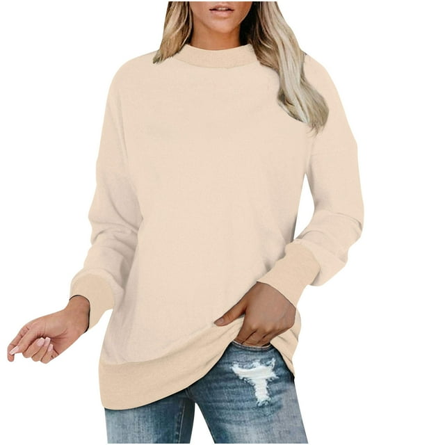 KIHOUT Printemps Hiver Hauts pour Femmes Mode Solide Ample Col Rond Manches Longues Poche Blouse Chandail Hauts Blouse