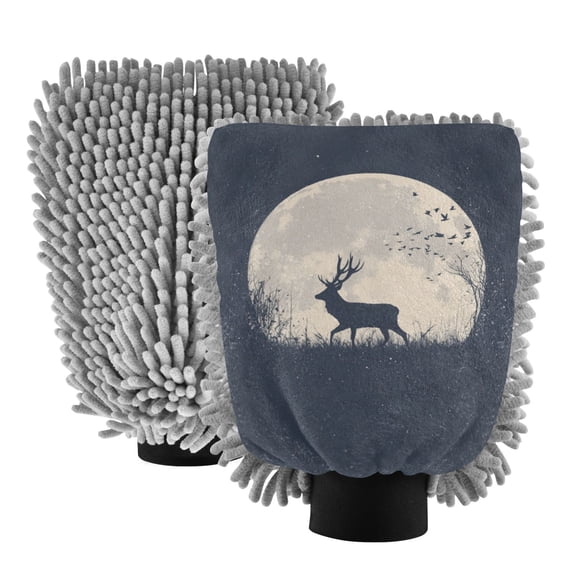 Microfiber Car Wash Gloves With Chenille & Polyester Terry Scratch-Free Cleaning Elastic Cuffs Silhouette Of A Deer