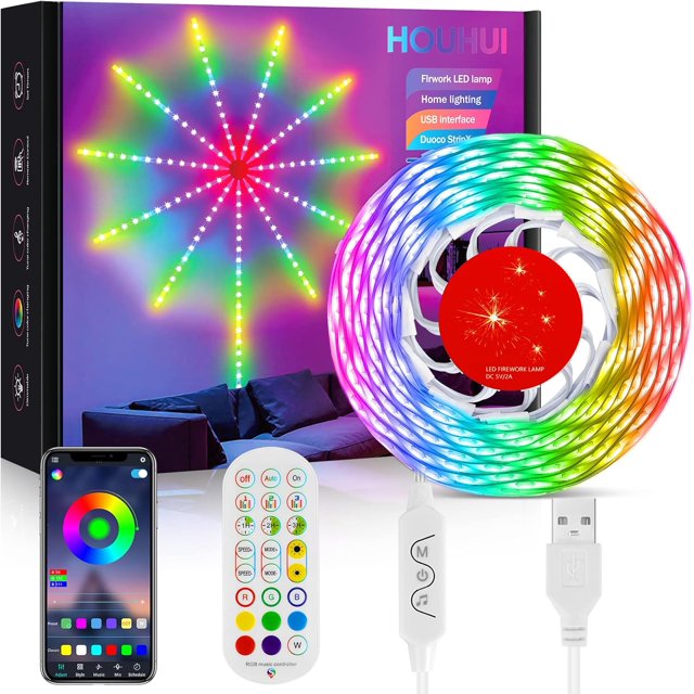Tiras de Luces LED NQ Fuegos Artificiales Sincronizadas Con Música Control Remoto RF y Aplicación USB