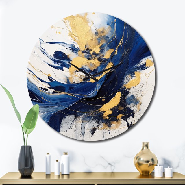 Designart "Strokes in Dark Blue and Gold V" Fractals Oversized Wall Clock