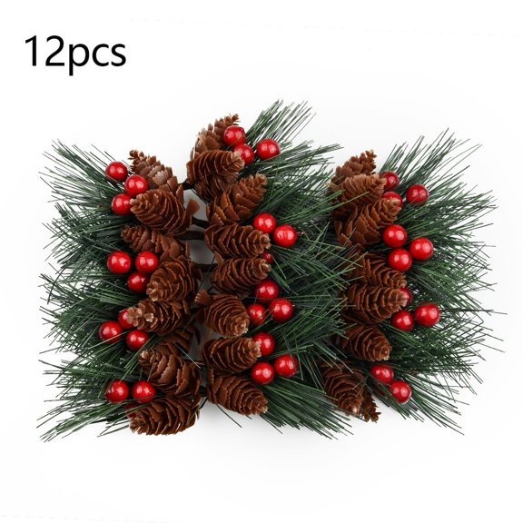 RichLink 12 Pcs Artificial Pine Cone Red Berry Twig Stem, Holly Artificial Evergreen Branches Tiny Pine Cones Picks Décor Floral Picks for Christmas Flower Wreaths DIY Xmas Gifts