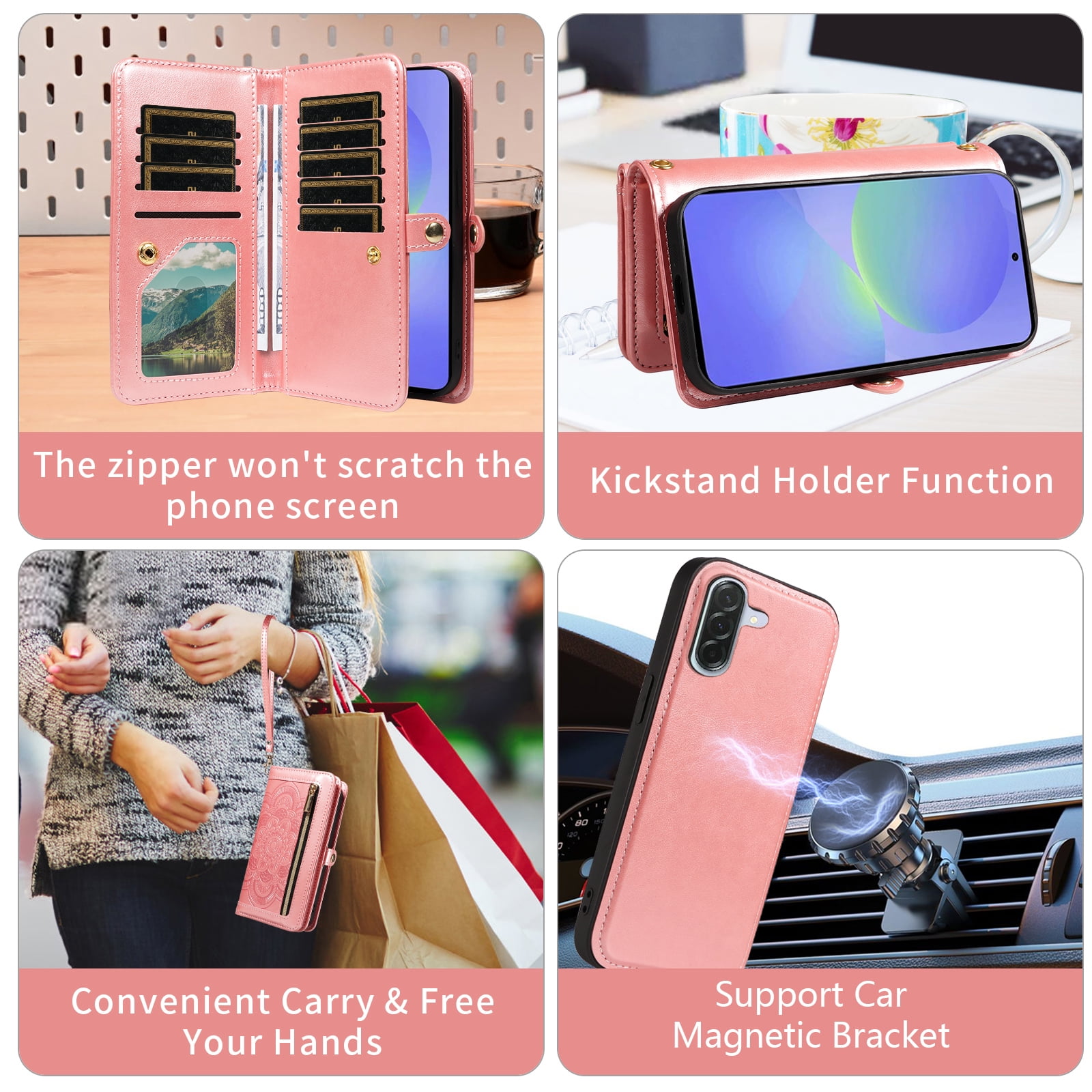 Asuwish Phone Case for Samsung Galaxy A36 5G Zipper Wallet Detachable Cell Cover with Tempered Glass Screen Protector Crossbody Strap Flower Flip Card Holder A 36 36A LTE SM-A366U Women Men Rose Gold