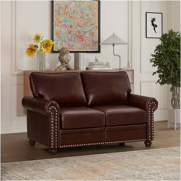 JERFIT Modern Loveseat Sofa with Storage, Burgundy PU Leather Small Couch for Living Room, Apartment, Dorm