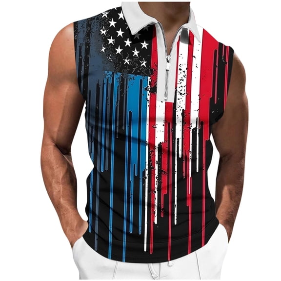 Cmfcve Plus Size Men's Independence Day Tank Top Sleeveless Lapel Fitness Undershirt Patriotic Printed 4th of July Vest