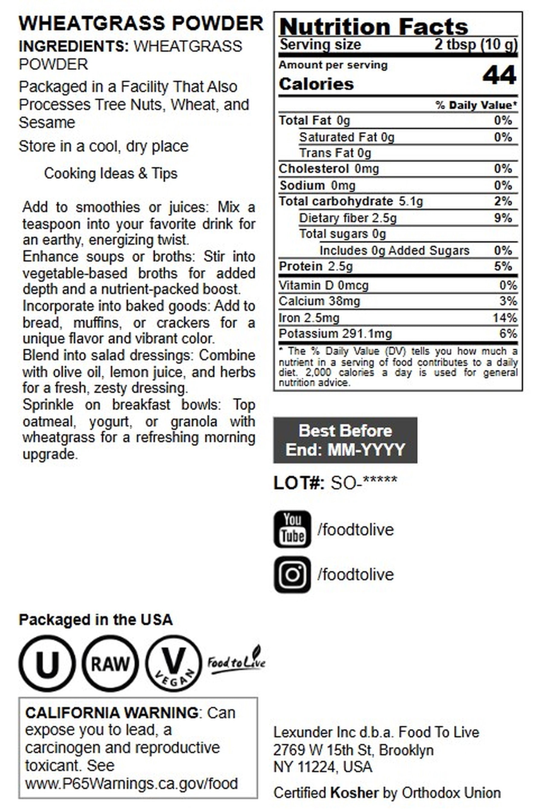 Wheatgrass Powder, 2 Pounds - Rich in Vitamins & Nutrients, 100% Pure, Nutrient-Dense Superfood, Vegan, Raw, Kosher, Bulk