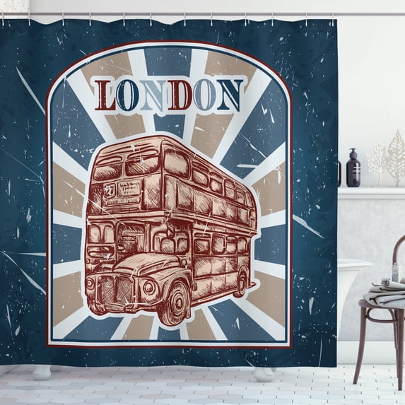 Ambesonne Vintage Shower Curtain, English Bus Grunge Art, 69"Wx84"L, Blue Red Beige