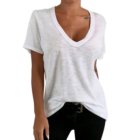 Public Womens Short Sleeve V Neck T-Shirts Causal Solid Loose Fit Summer Tops Shirts White XL
