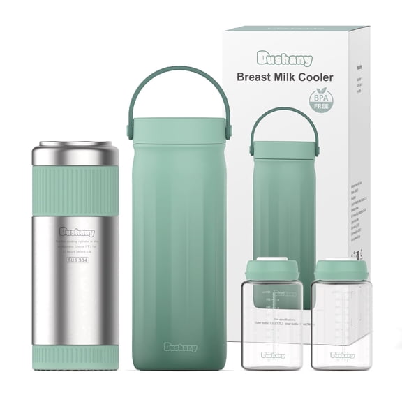 Dushany 22oz Portable Breast Milk Cooler Bag, 24H 360° Cooling Travel Chiller with 2 Storage Bottles for Breast Milk, Green