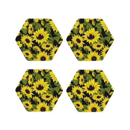 

Junzan Sunflowers In Vintage Print Coasters for Drinks - Leather Coasters Set of 4 for Coffee Table for Housewarming/Kitchen/Bar/Decor-Hexagon