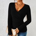 thumbnail image 2 of Womens Sexy Tops Slim Fit V Neck Wrap Long Sleeve Shirts Ribbed Knit Button Deco Cleavage Tees Slimming Tunic Blouses, 2 of 8