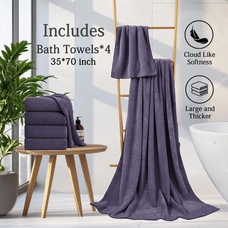 Ultra Soft Bath Towels, 4 Pack Dark Purple Oversized Bath Sheet Set by Muddy Cat Home - 600 GSM