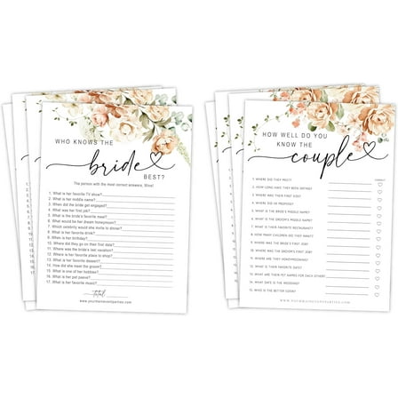 50 Pack of Bridal Shower Games, How Well Do You Know The Couple and Who Knows The Bride Best, Floral Modern Minimalistic Design
