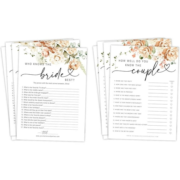 50 Pack of Bridal Shower Games, How Well Do You Know The Couple and Who Knows The Bride Best, Floral Modern Minimalistic Design