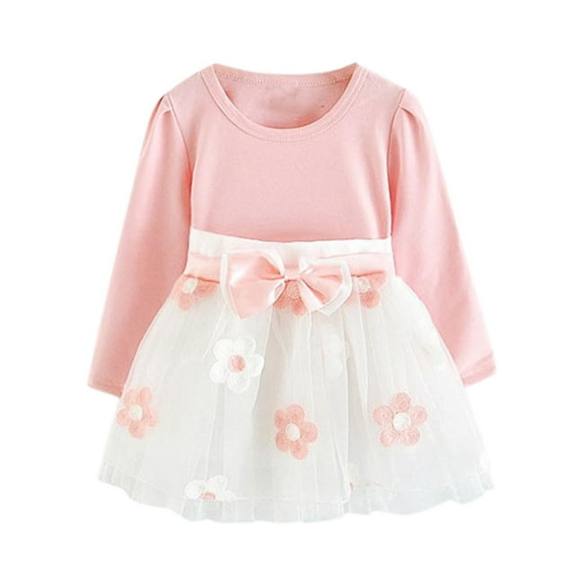 Besolor Robe à Manches Longues pour Tout-Petites Filles, Mignonne avec Fleur et Nœud, Robe Trapèze de Fête, Vêtements de Printemps Automne