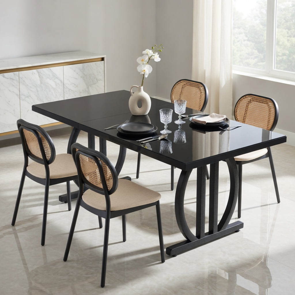 Hommoo 63 Inch Modern Dining Table for 4-6 People, Sleek Metal Frame Rectangular Kitchen Table with MDF Top, Black