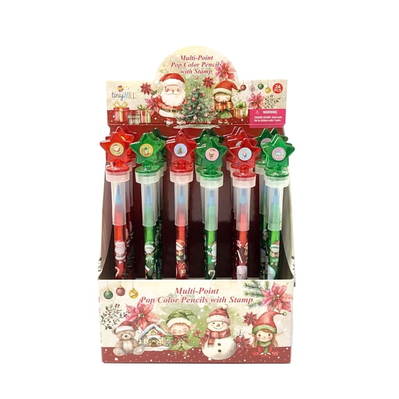 TINYMILLS Rustic Christmas Pop Pencils 24 Pack – Multi-Point Stackable Crayons with Cute Stamper Toppers, Vintage Holiday Designs, Christmas Party Favors, Classroom Rewards, Stocking Stuffers