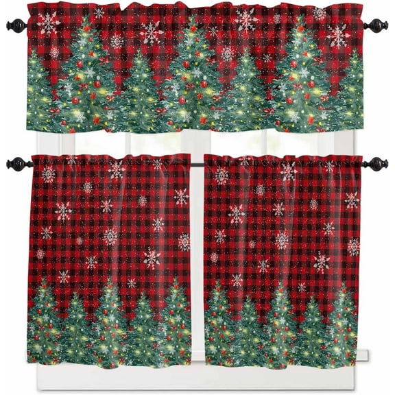 Christmas Trees Kitchen Curtains and Valances Set, Rod Pocket Curtains Tier Farmhouse Window Curtains 36 Inch Length, Xmas Snowflake Red Black Check 3 Piece Kitchen Curtains Set