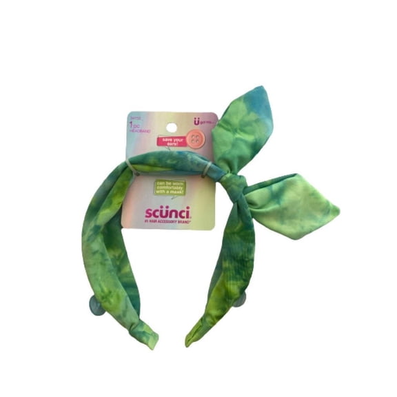 Scunci Headband Green Light Blue Tie Dye with Buttons for Mask 1 Pc.