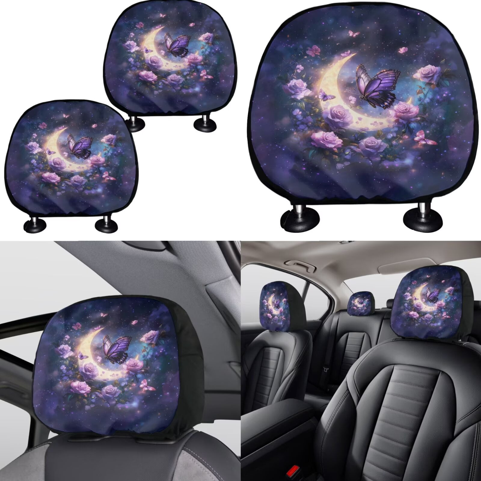 Jeiento Butterfly Moon 11 Pack Car Seat Covers for Women, Front Rear Seats Cover Keychain Headrest Cover Cup Coasters Handbrake Cover Gear Shift Cover Purple Automobile Interior Accessories