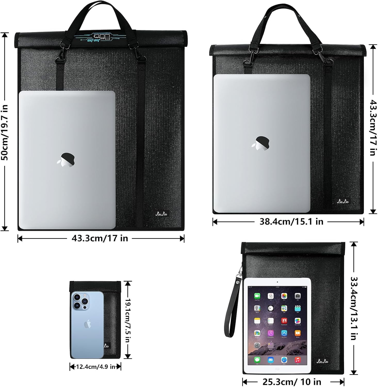 JXE JXO Extra Large Faraday Bags with Handle, Emp Proof Fireproof Waterproof, for Laptops Phones Car Keys, Black, 4 Pack