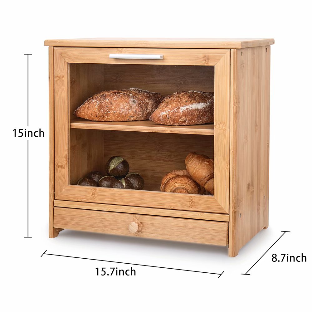Bamboo Bread Box for Kitchen Counter 2 Layer Adjustable Bread Bin with Glass Window and Storage Drawer, G.a HOMEFAVOR Large Capacity Bread Keeper for Kitchen Food Storage,15.7" x 15" x 8.7" - image 2 of 5