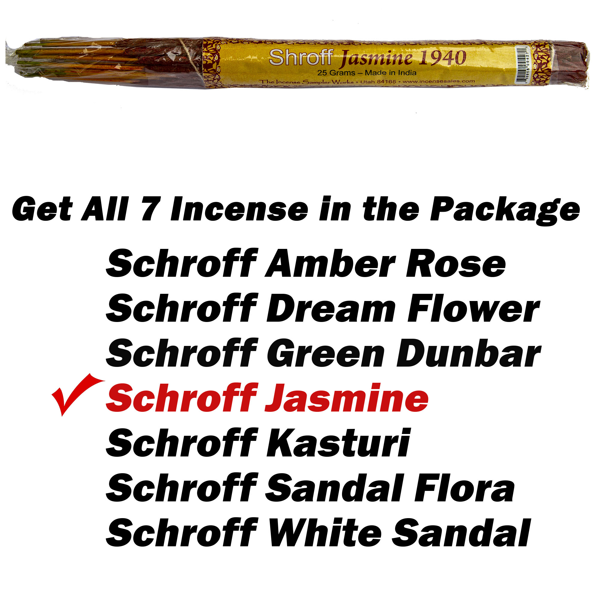 Shroff Incense Combo Pack - 7 Scents - Amber Rose - Dream Flower - Green Dunbar - Jasmin 1940 - Kasturi - Sandal Flora - White Sandal