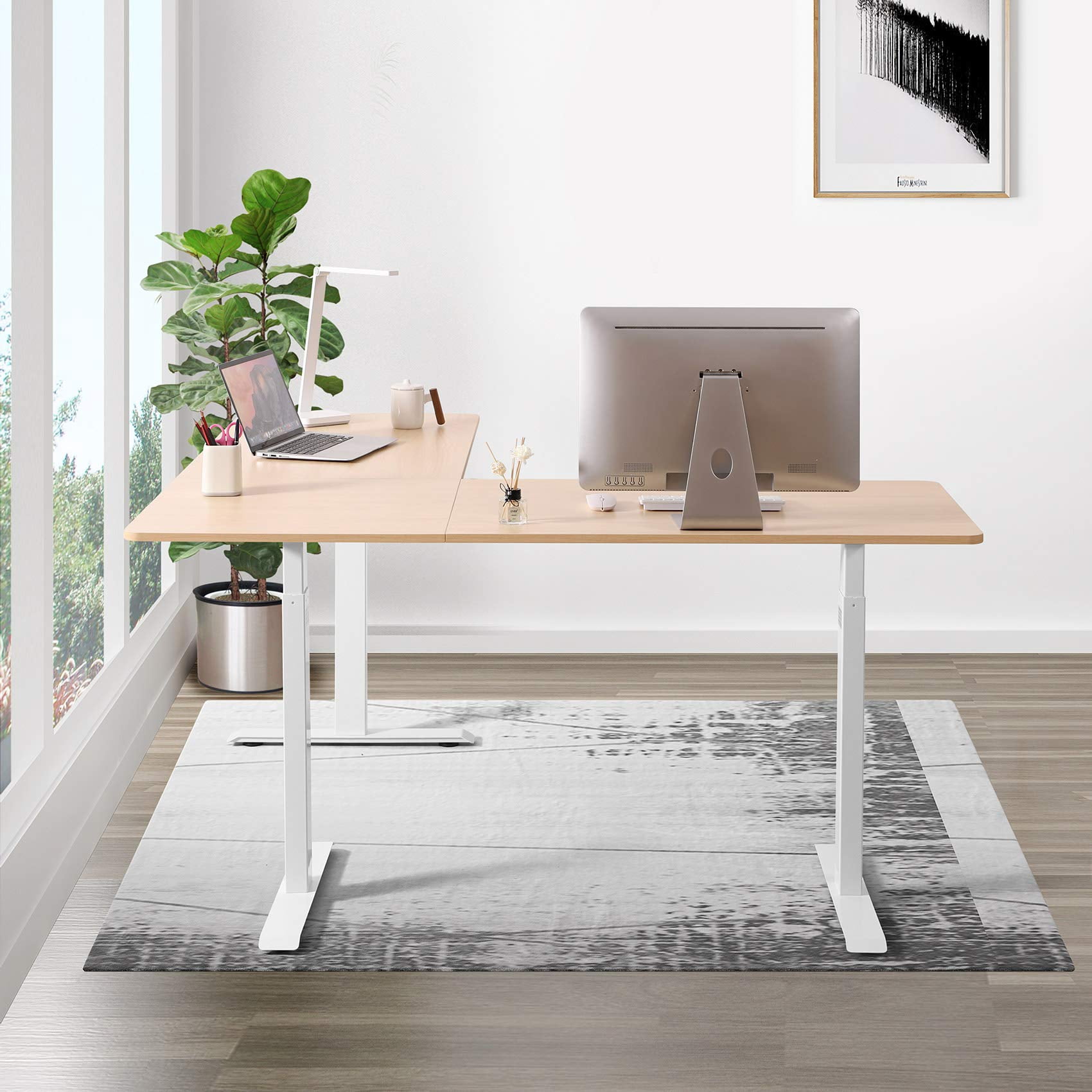 UNICOO® L Shaped Crank Height Adjustable Standing Desk, Sit to Stand up Corner Desk, L-Shaped Standing Workstation (White Frame/Light Oak Top - L Shape Crank)