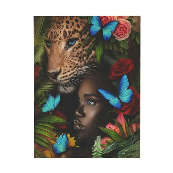 WFSposter Jungle Pictures Wall Art Leopard Safari Animal Canvas Black Girl Artwork Prints for Bedroom Living Room Framed 24X20''