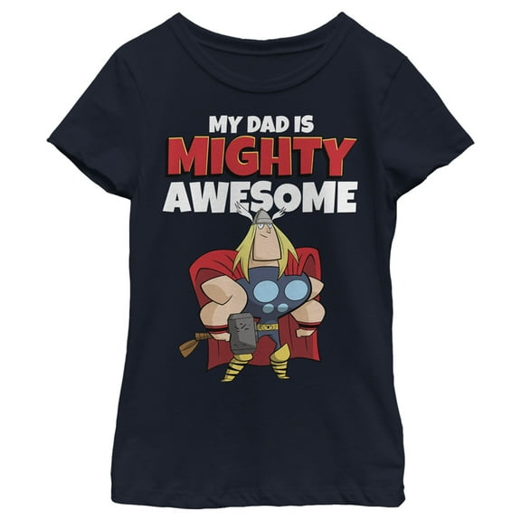 Girl's Marvel My Dad is Mighty Awesome Cartoon Thor Graphic Tee Navy Blue Medium