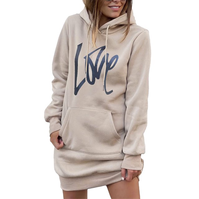 Vestido De Sudadera, Vestido Con Capucha Y Puños De Punto Acanalado, Bolsillo Estampado Informal Para Fiestas De Vacaciones Para La Vida Diaria
