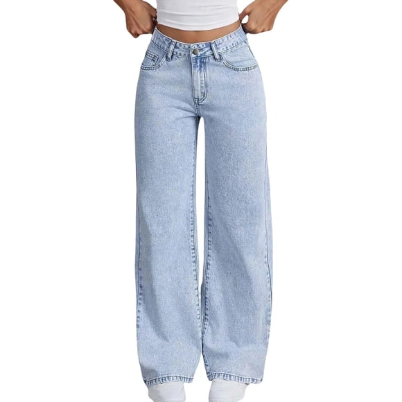 Breezora Jeans en Denim à Jambe Droite pour Femmes avec Détails Brodés, Coupe Classique, avec Accents Élégants, Bas Polyvalents pour Tous les Jours, Taille P, Bleu