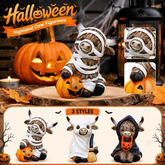 Cute Halloween Decorations | 4.5 Inch Highland Cow Decor Figurine, Fall and Halloween Decor for Indoor Halloween Decorations, Great Spooky Halloween Gift for Holiday Mantel