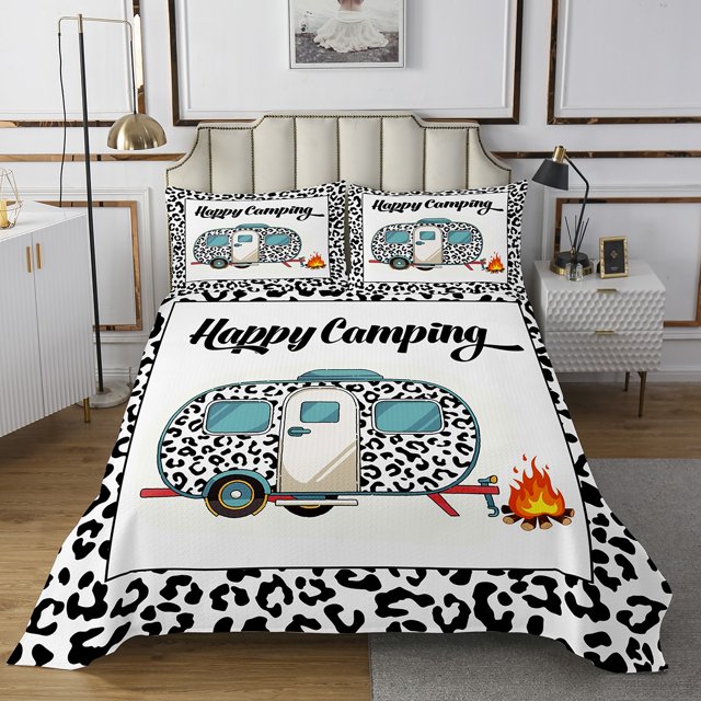 Erosebridal Happy Camping Coverlet Set King,Cow Print Bedding Set,Camper Decor,Ultra Soft,3 Pieces