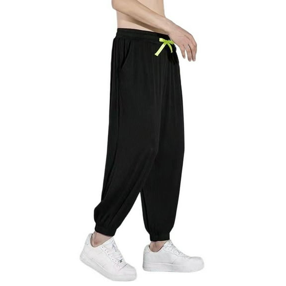 MIXUE Sweatpants for Men Solid Color Summer Ice Silk Lightweight Style Joggers Loose Fit Sport Casual Trousers Streetwear,Black,XL