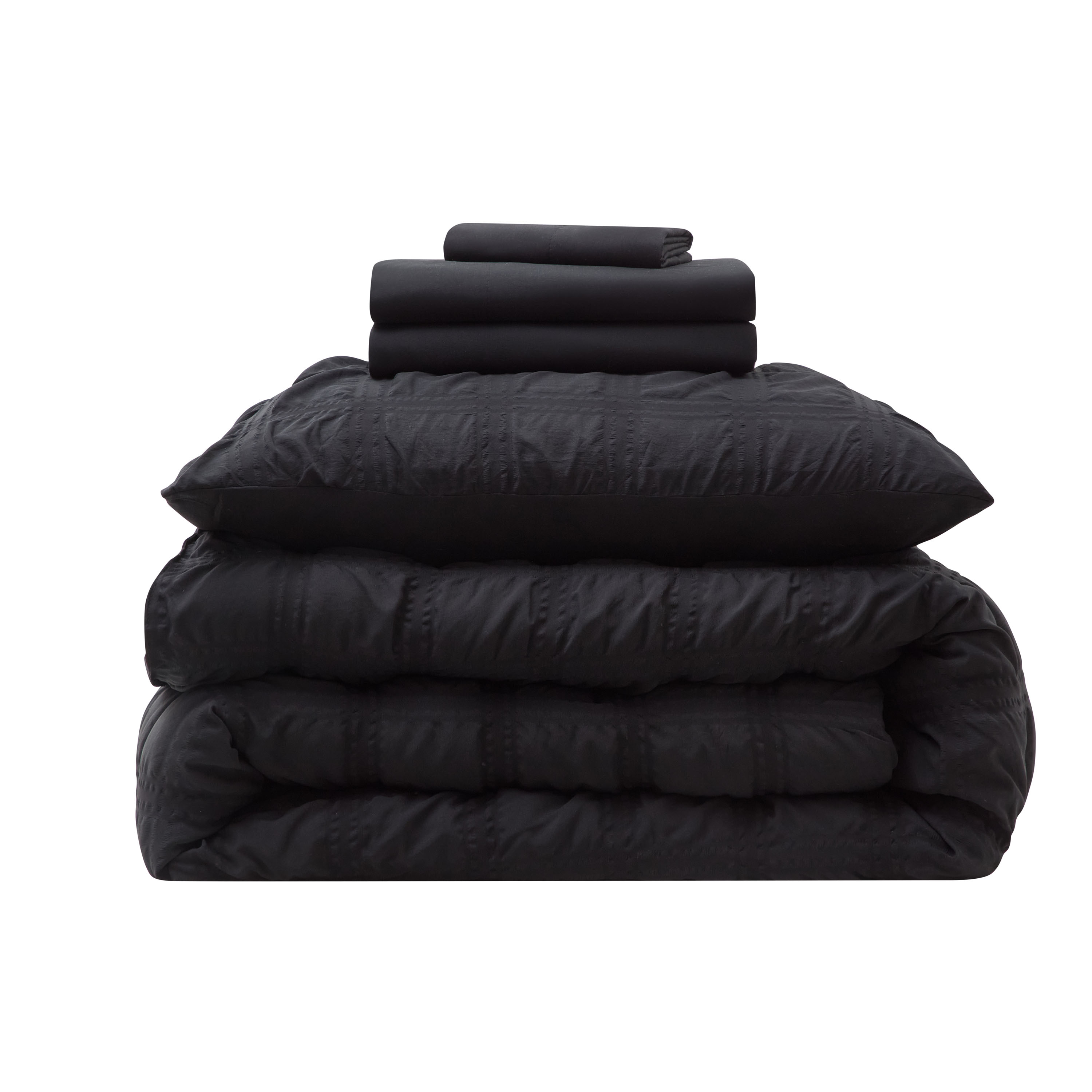 LammaLoe Twin Comforter Sets, 7 Piece Seersucker Bed in a Bag, Bedding Comforter Set with Sheets, Modern Bed Set, Black