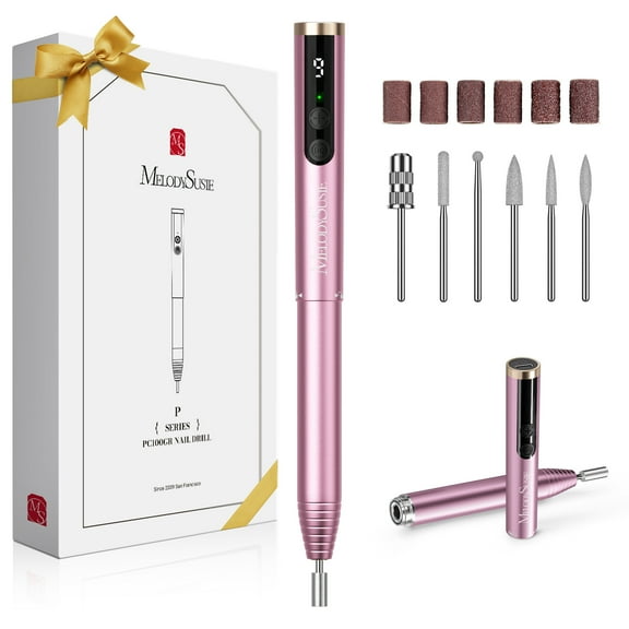MelodySusie Portable Rechargeable Nail Drill, 20000 RPM PC100GR Pocket Nail File kit with Drill Bits & Sanding Bands, Pink