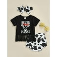 thumbnail image 3 of Liacowi Infant Girl Short Sleeve Tops + Shorts + Bow Headband Tassel Letter Cow / Camouflage / Rainbow Clothing Outfits Set, 3 of 9