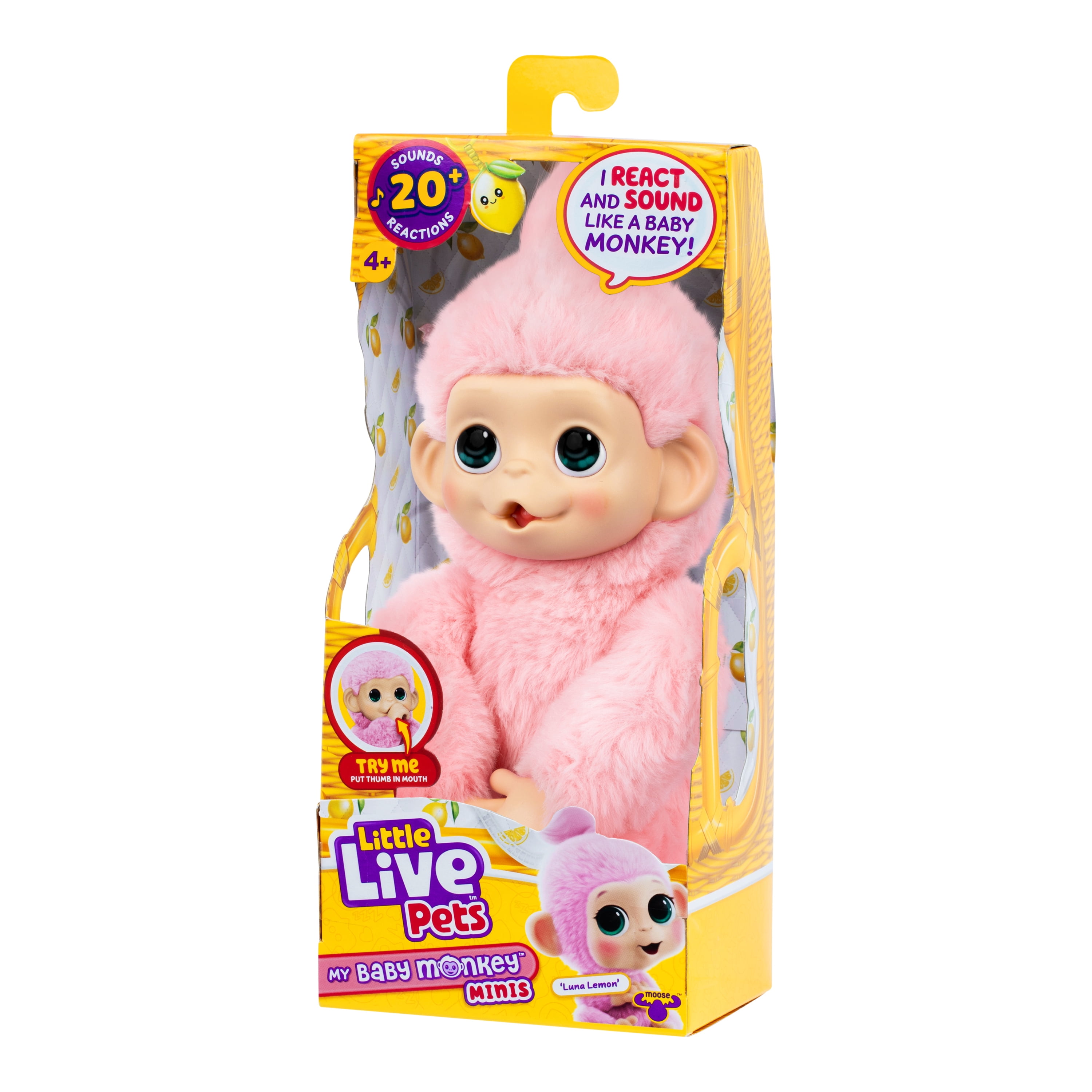 Little Live Pets Baby Monkey Minis – Luna Lemon. Interactive Pet Toy. 20+ Sounds & Reactions. Soft Pink Fur. 7.4" Tall. Collect All 3. Ages 4+