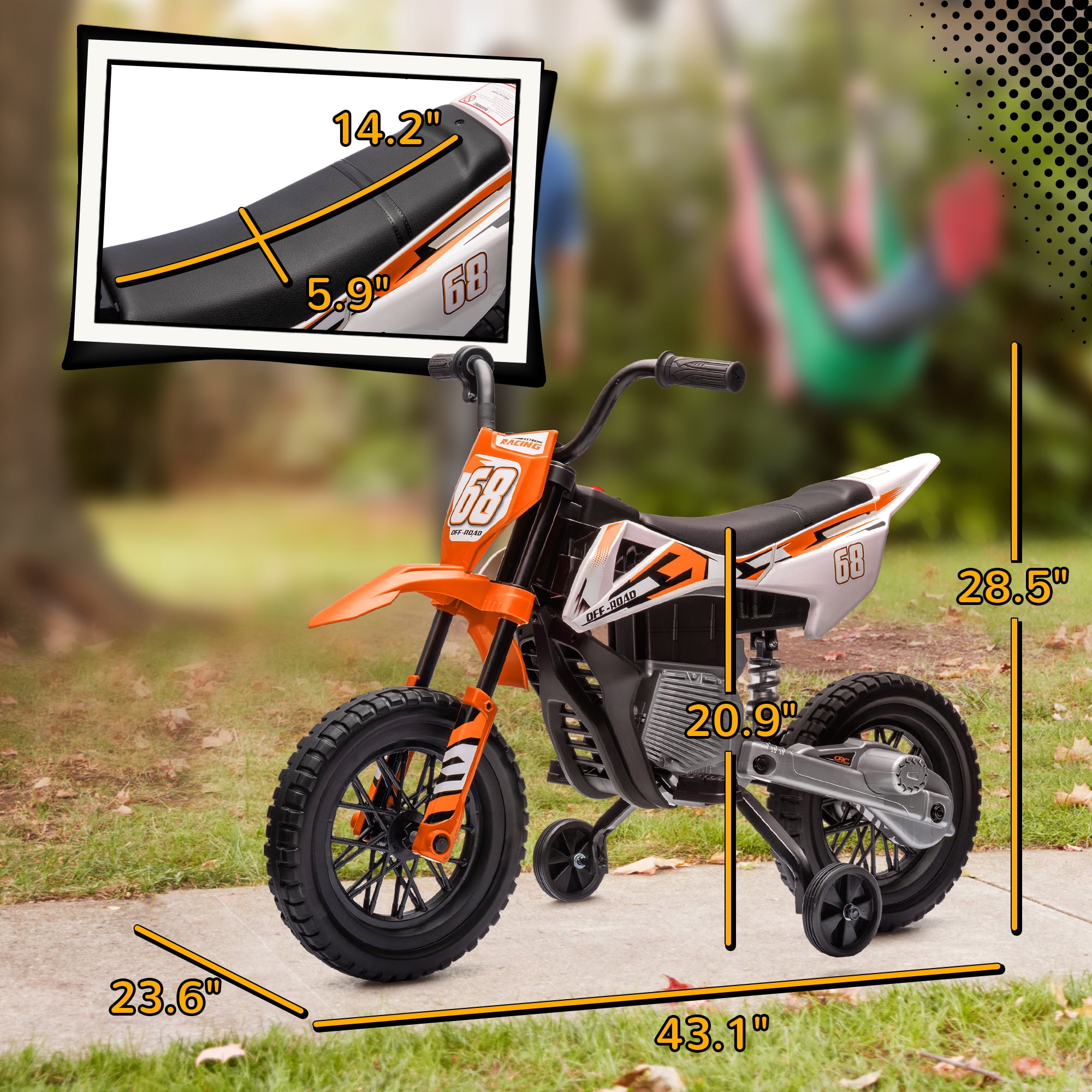 Qaba Kids Motorcycle with Twist Grip Throttle, 12V Electric Motorcycle with Training Wheels, Rear Suspension & Music, Orange