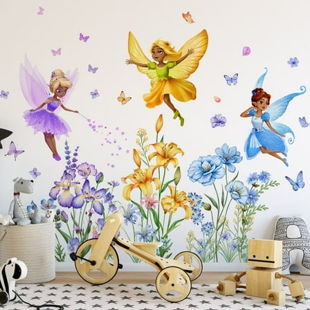 Large Fairy Wall Decals Flower Butterfly Elf Wall Stickers DIY Peel and Stick Art Decals Black Girls Bedroom Kids Room Baby Nursery Wall Decor