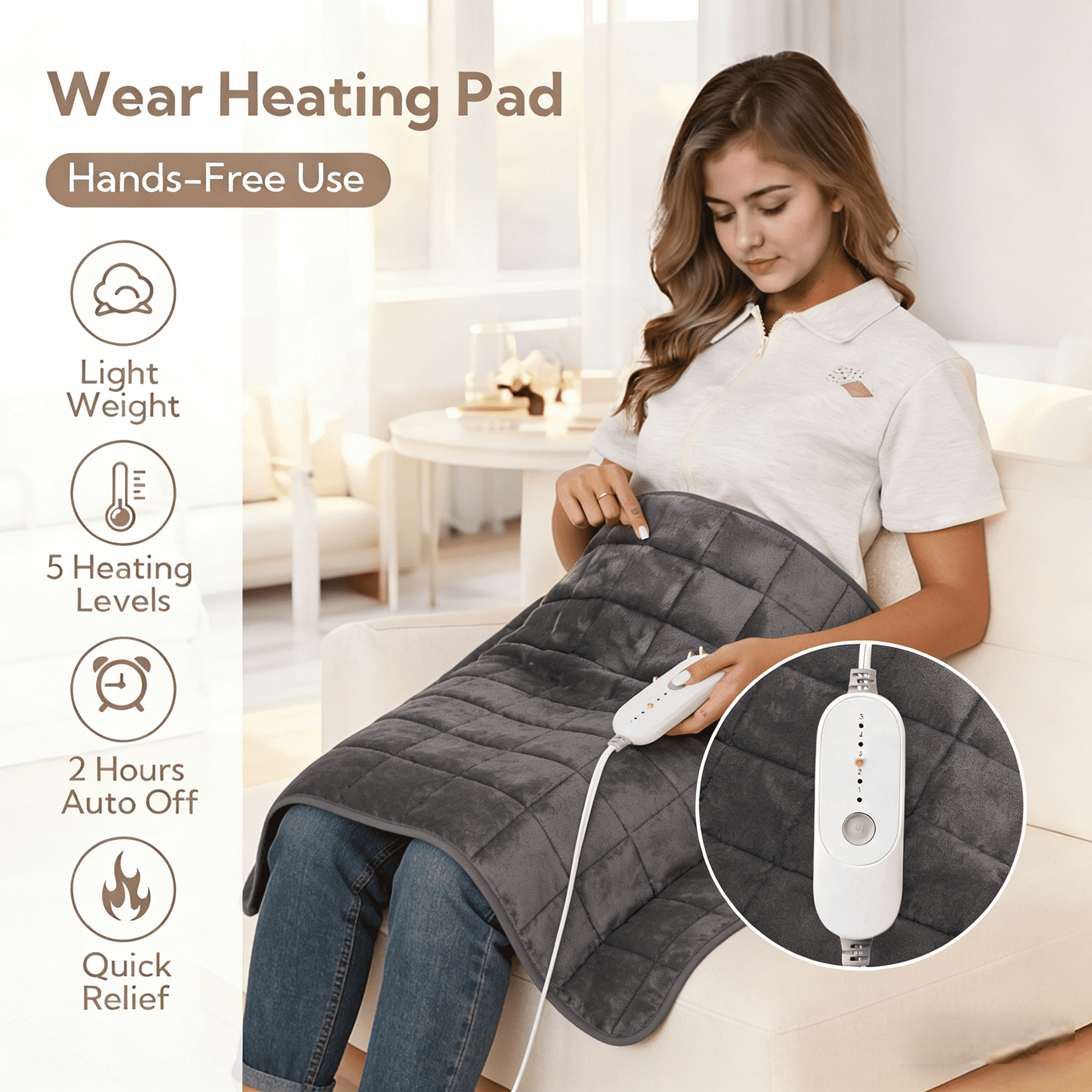 SUNNY HEAT Weighted Checkerboard Electric Heating Pad - 18x33 inches ,Soft Flannel,Gray, Relieve Body Aches (1 Piece)