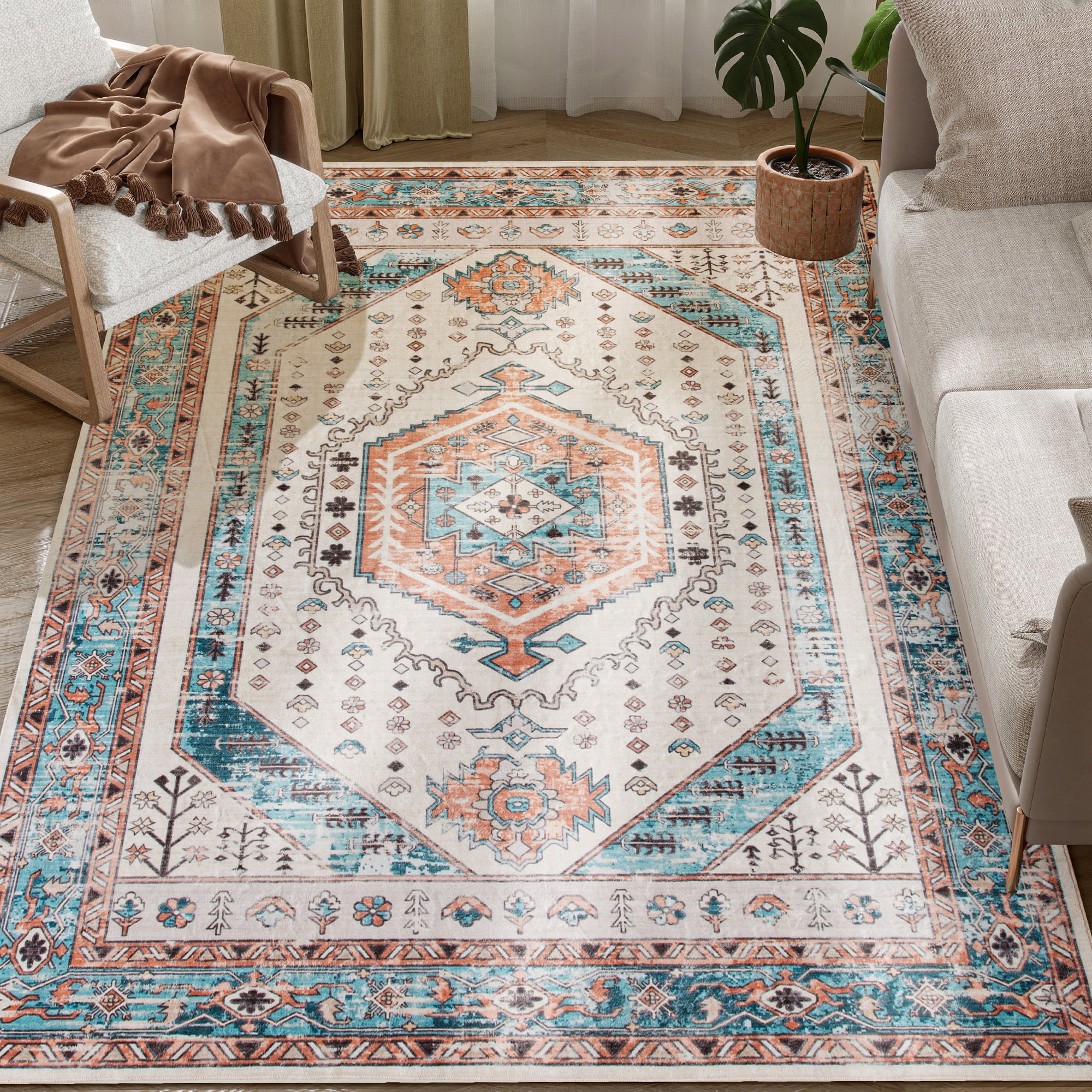 HOMCOM 5x7 Area Rug, Vintage Machine Washable Rug, Non-Slip Floor Carpet for Living Room, Bedroom, Dining Room, Home Office, Brown and Blue