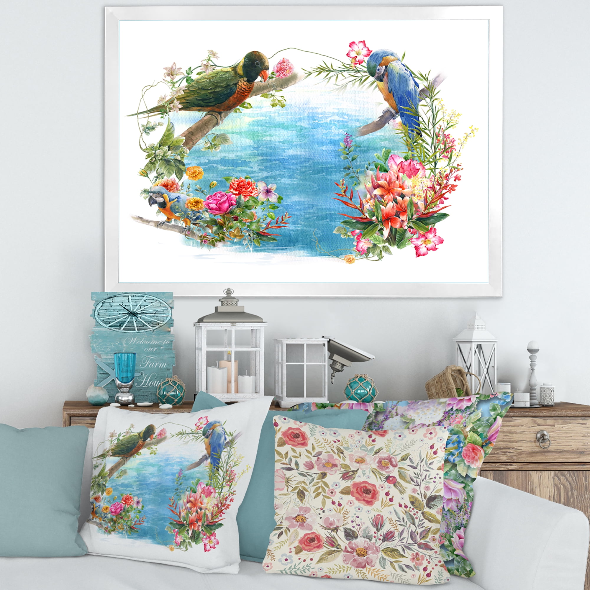 Designart 'Parrots and Flowers By The Blue Waterside' Traditional Framed Art Print