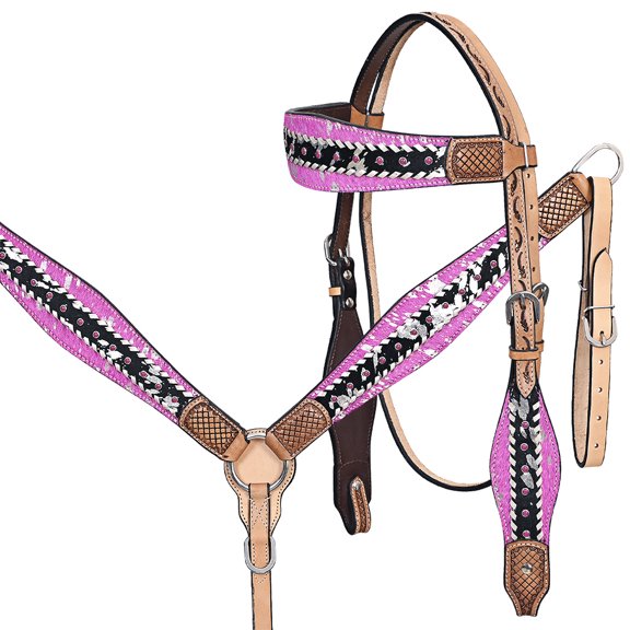 HILASON Western Horse Headstall Breast Collar Hairon Leather Tan