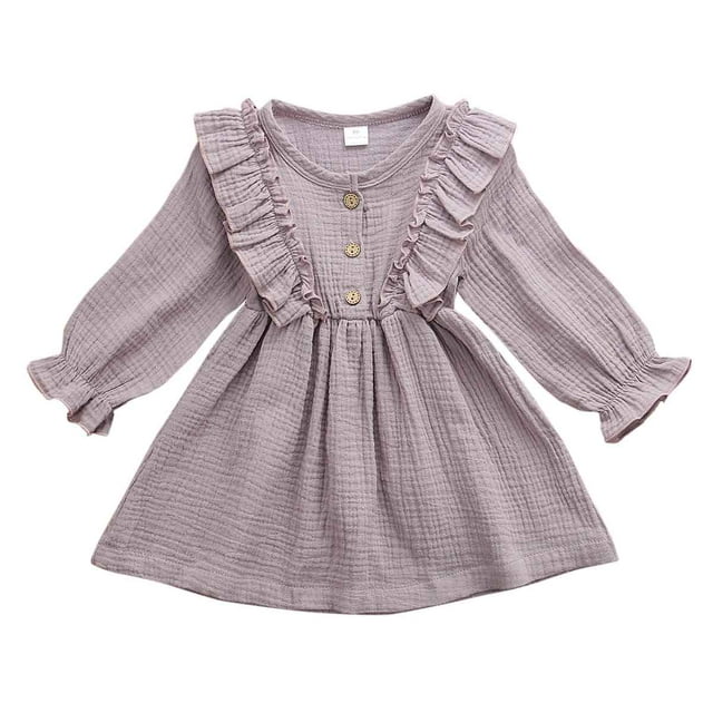 Vestido Para NiñAs Color SóLido O-Cuello Flor Manga Larga Volante Vestido Con BotóN Abierto XBTCLXEBCO Morado;4-5 Años